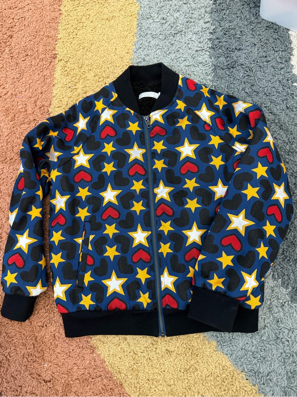 Stella McCartney Kids Navy Bomber Jacket with Yellow Stars & Red Hearts